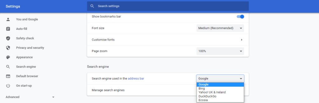 Choose another search engine from Chrome Settings
