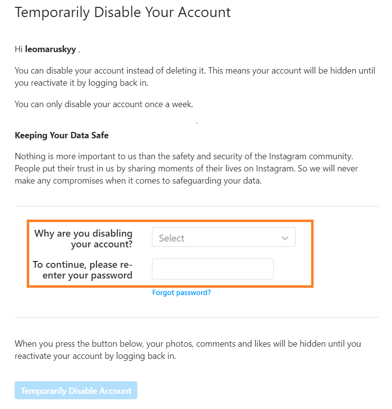 instagram disable account reason